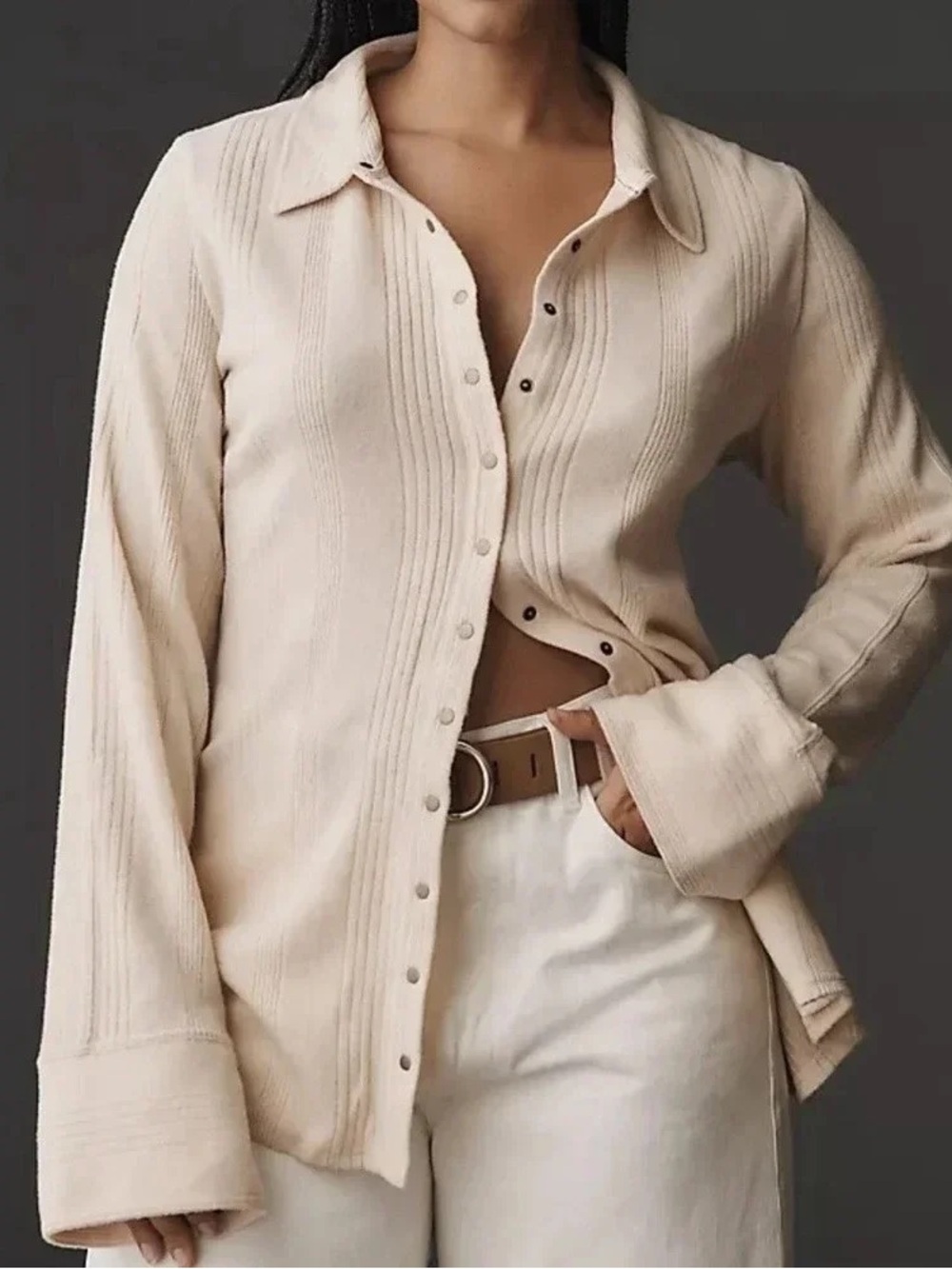 PILCRO Anthro Brushed Buttondown Cardigan Sweater Cream Tan Shirt Jacket Size M